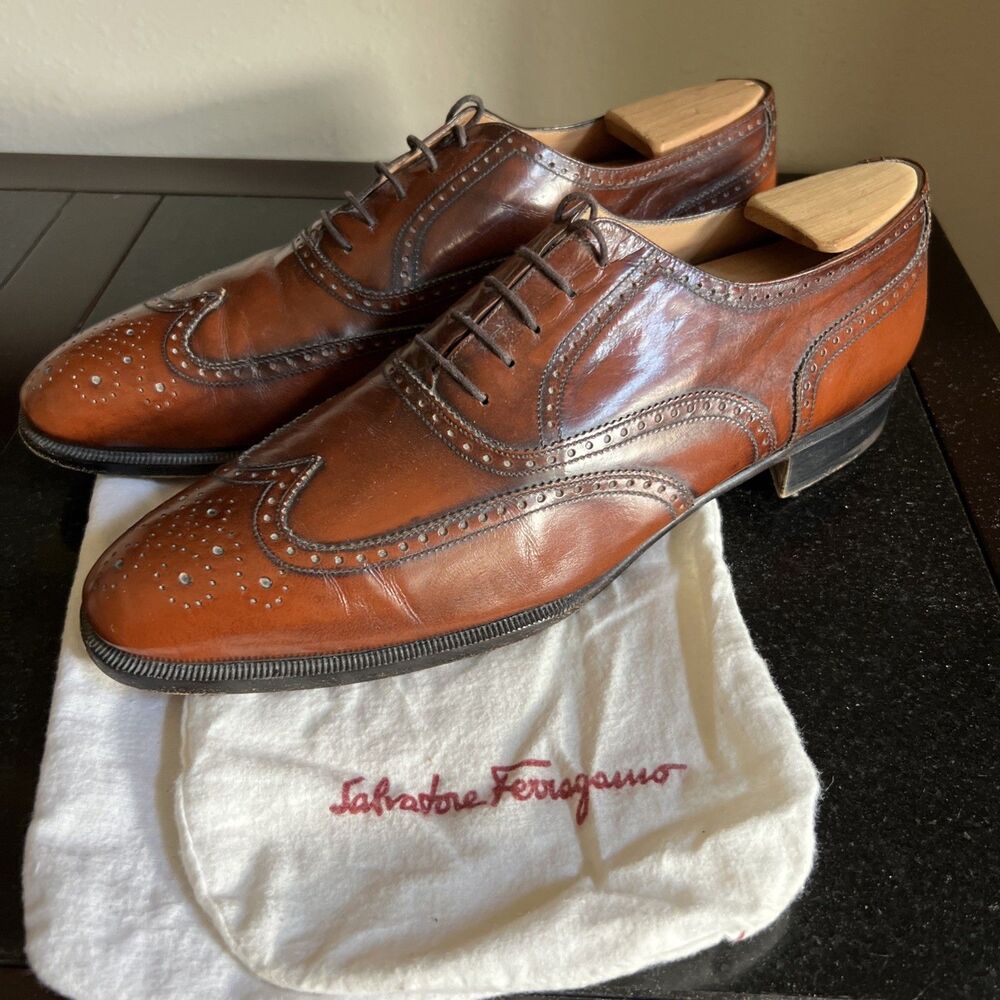 SALVATORE FERRAGAMO Men's Wingtip Oxford Leather Shoes 11 B Cognac Brown Italy